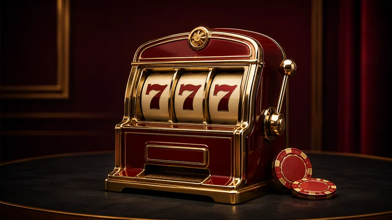 Red and gold slot machine with three reels and casino chips